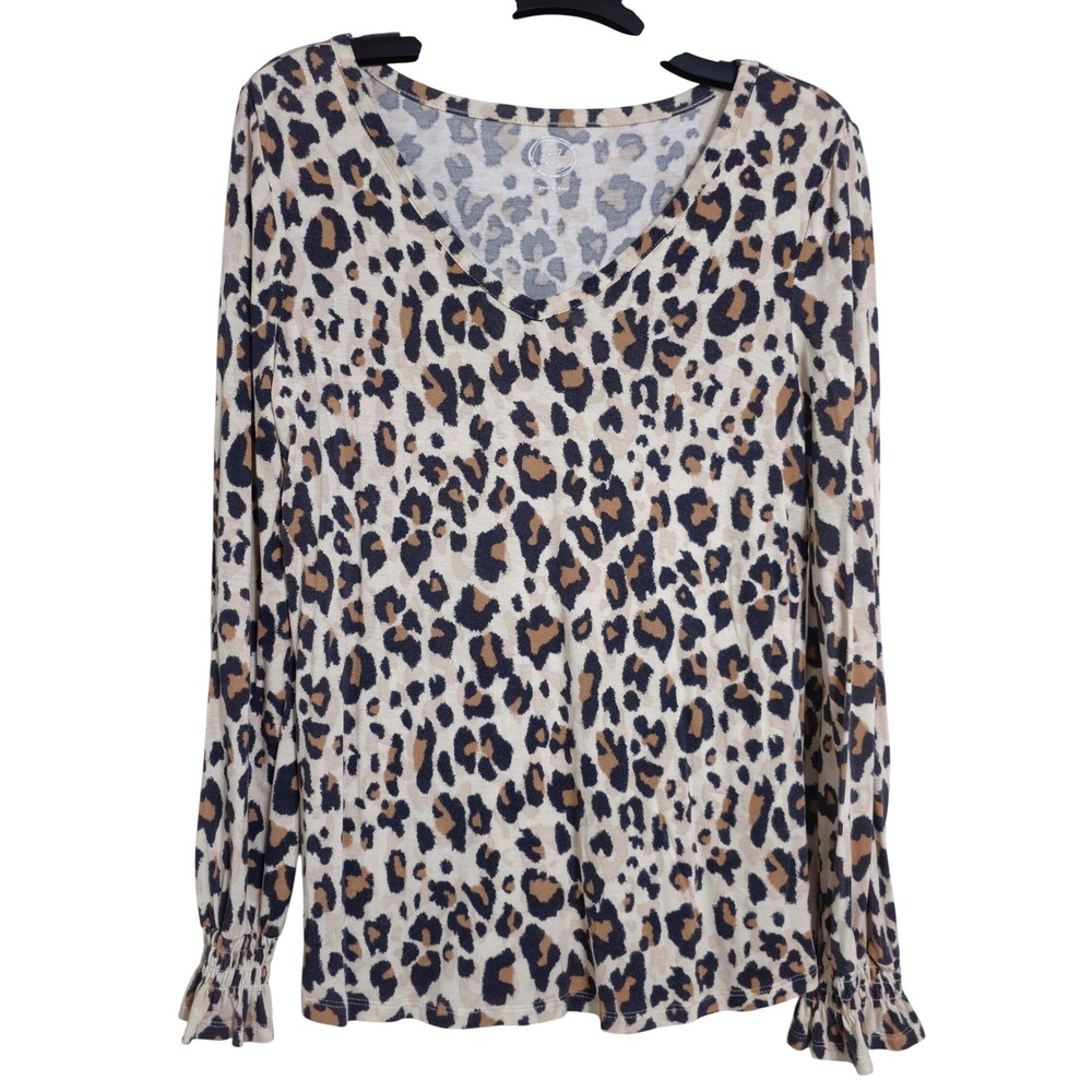Maurices 24/7 Leopard Print V Neck Long Sleeve Ruffle Cuff Top Womens Size S